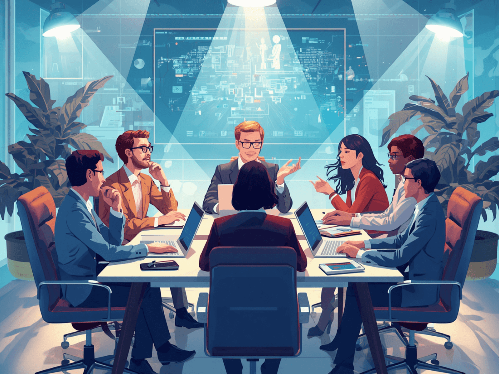 HR technology dashboard displayed on a boardroom screen as a business team reviews workforce analytics for C-suite decision-making