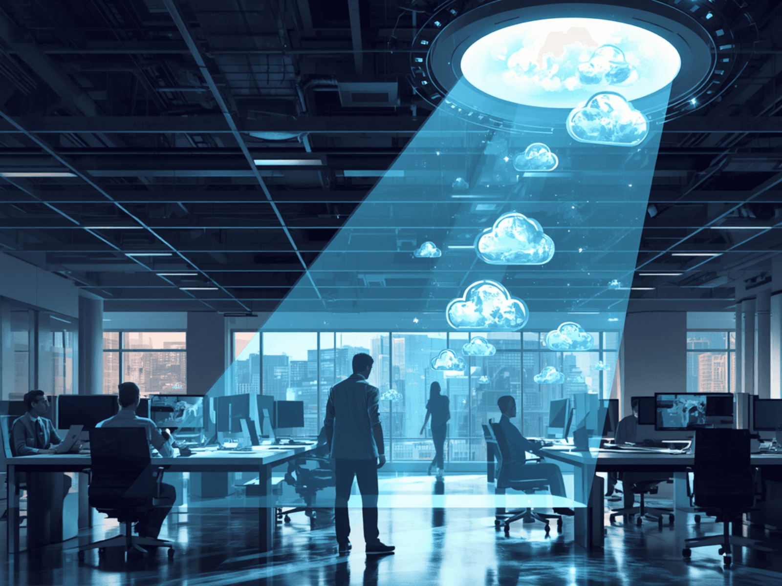 Stylized office scene with employees at workstations beneath descending cloud icons, representing companies moving workloads back from the cloud.
