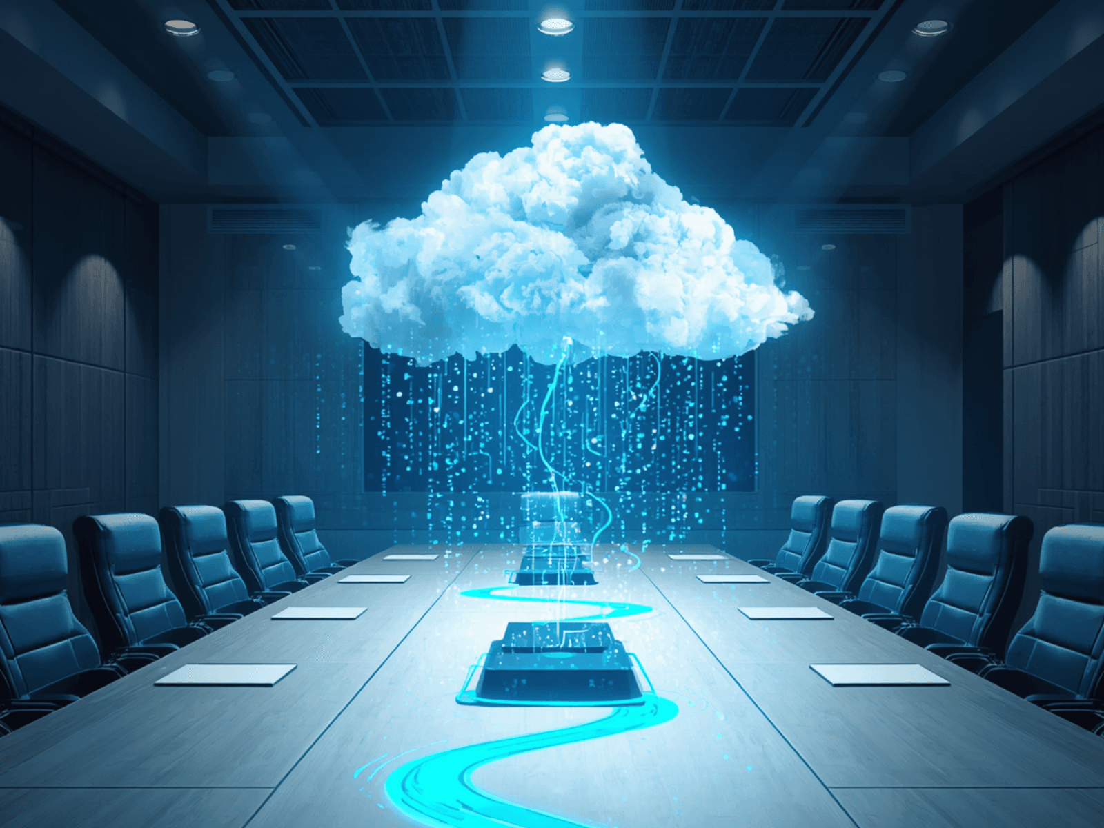 Empty boardroom conference table with a glowing digital cloud raining data streams onto server towers, representing "Sovereign Cloud: The Infrastructure Decision That Became a Boardroom Question"