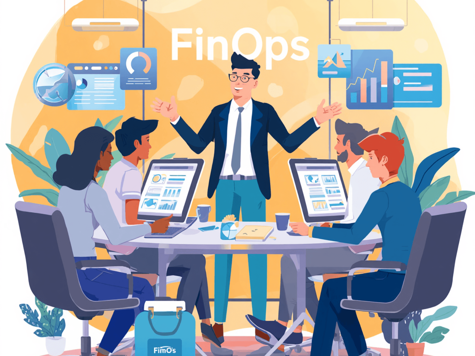 Illustration of a leader presenting FinOps cost and performance dashboards to a team seated around a conference table, representing "FinOps as a Leadership Discipline, Not a Cost Center"