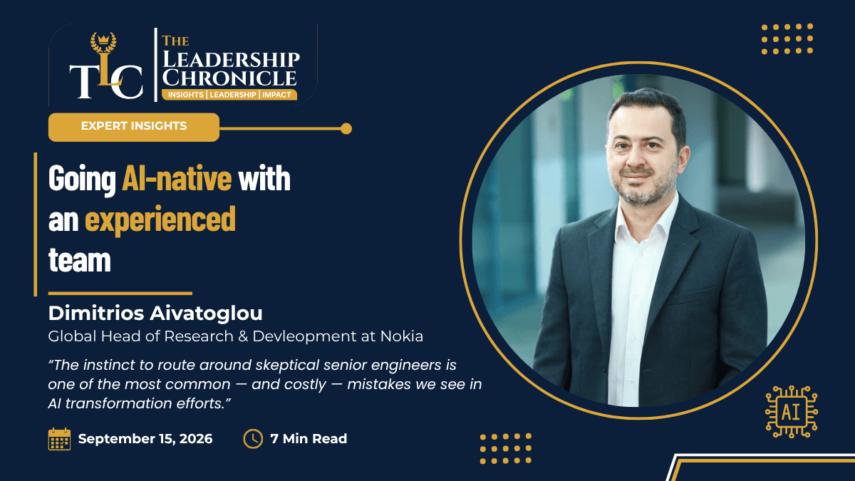 The Leadership Chronicle article cover: 'Going AI-native with an experienced team,' by Dimitrios Aivatoglou, Head of Research and Development at Nokia, featuring his portrait, with a pull quote on the instinct to route around skeptical senior engineers, dated September 15, 2026, 7 min read.