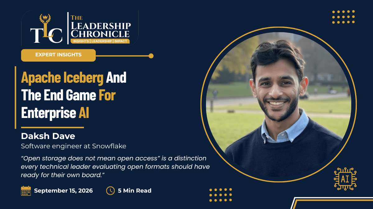 The Leadership Chronicle article cover: 'Apache Iceberg and the End Game for Enterprise AI,' by Daksh Dave, Software Engineer at Snowflake, featuring his portrait outdoors, with a pull quote on open storage versus open access, dated September 15, 2026, 5 min read.
